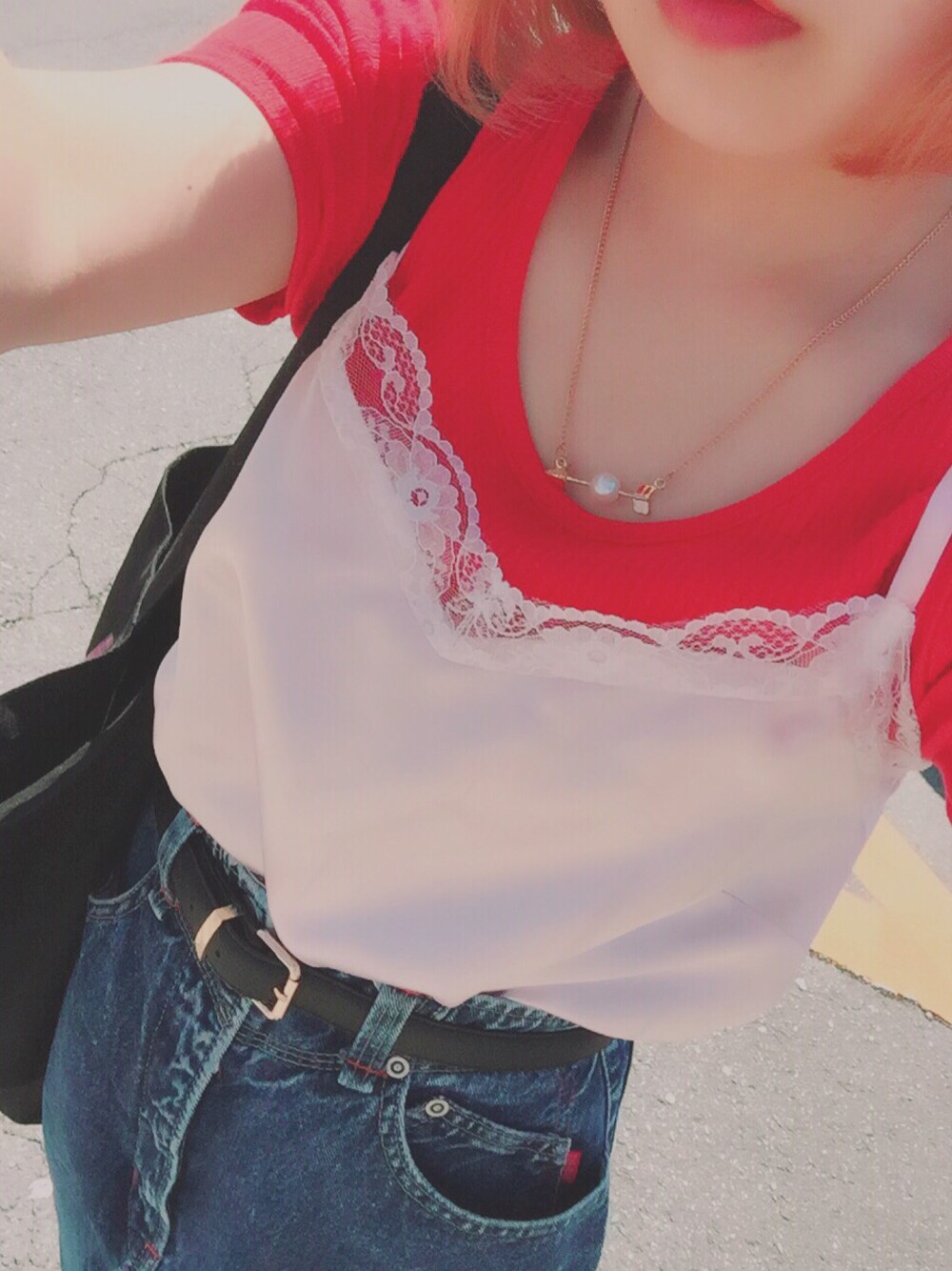 「fashion、WEGO、used、デニム」｜「WEGOのアイテム（キャミソール、ピンク系）」を使った、ちぃちゃんさん（レディース・141cm）の夏コーディネートの1枚目の写真