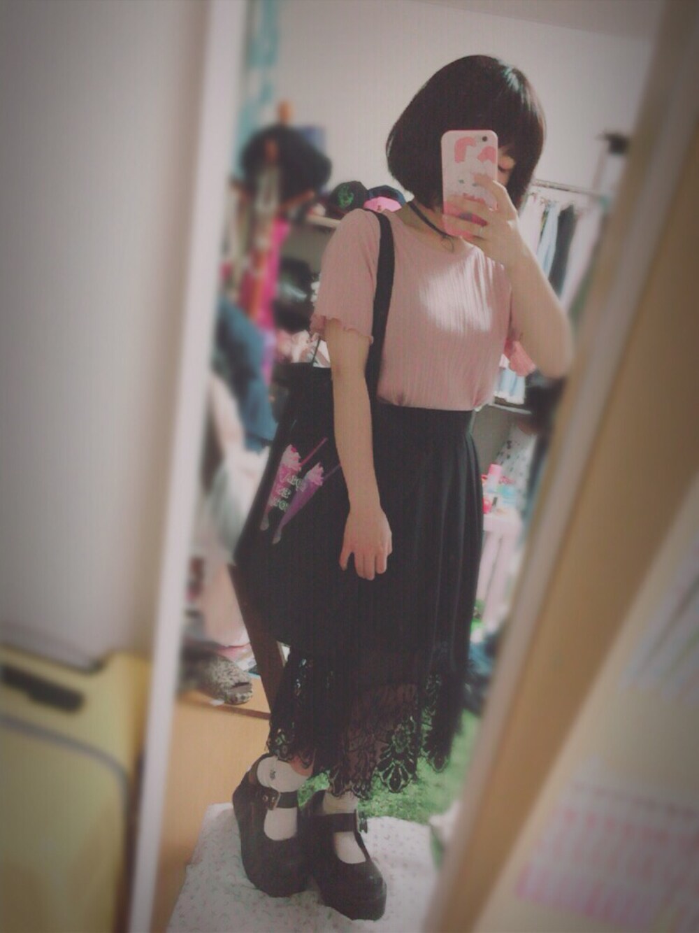 「fashion、ピンク、ブラック、WEGO」｜「WEGOのアイテム（Tシャツ/カットソー、ピンク系）」を使った、ちぃちゃんさん（レディース・141cm）の夏コーディネートの1枚目の写真