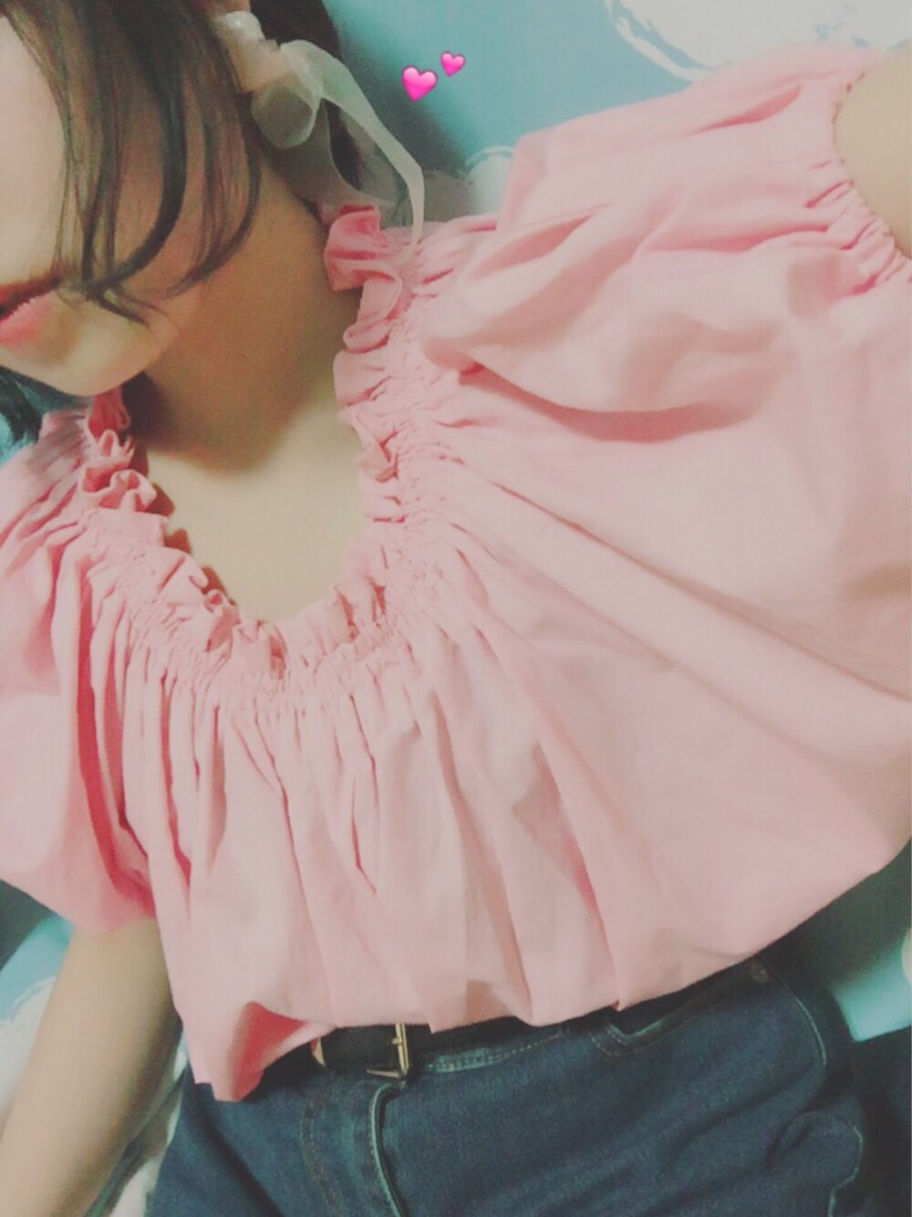 「fashion、summer、ピンク、オフショル、プチプラ、デニム」｜「sangoのアイテム（Tシャツ/カットソー、ピンク系）」を使った、ちぃちゃんさん（レディース・141cm）の夏コーディネートの1枚目の写真