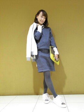 「ストライプワンピース」｜「アイテム（ブルゾン）」を使った、BABYLONE　立川店さん（レディース・155cm）の冬コーディネート