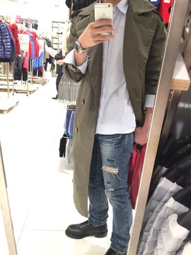 「HYSTERIC GLAMOUR（ヒステリックグラマー）のアイテム（トレンチコート）」を使った、まっきんとっしゅさん（メンズ・173cm）の春コーディネート