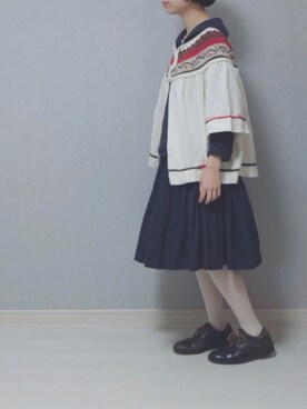 「白タイツ」｜「アイテム（ポンチョ）」を使った、シモさん（レディース・155cm）の秋コーディネート