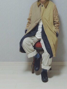 「ストライプパンツ」｜「アイテム（ダウンジャケット/コート）」を使った、シモさん（レディース・155cm）の冬コーディネート