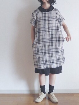 「アイテム（チュニック、ベージュ系）」を使った、シモさん（レディース・155cm）の夏コーディネート