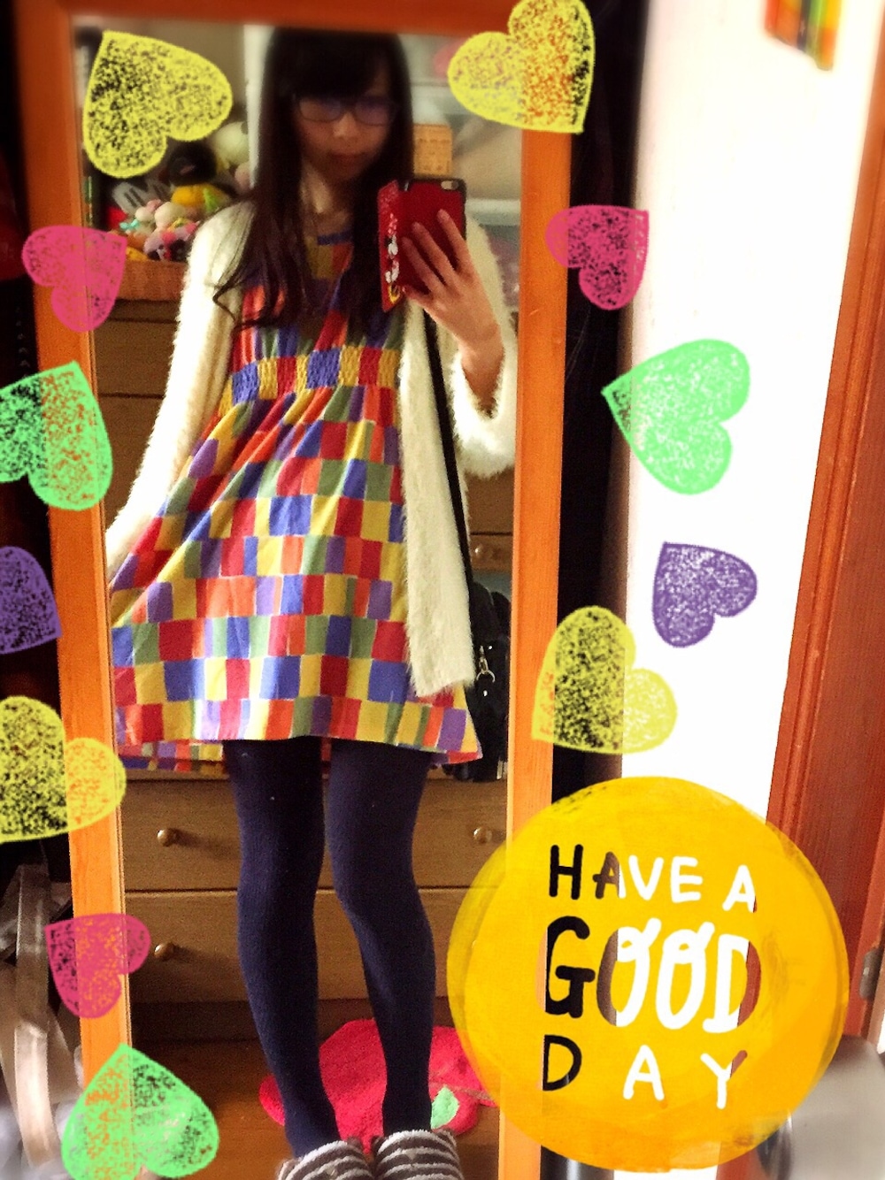「カラフル、ニットカーディガン、ワンピース」｜「Design Tshirts Store graniphのアイテム（ワンピース、その他）」を使った、グリさん（レディース・166cm）の冬コーディネートの1枚目の写真