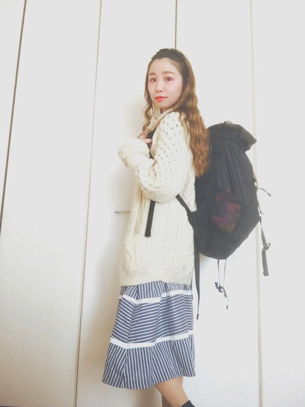 「古着MIX、休日スタイル、ワイルドシングス、はるコーデ、used、ootd、ピクニック、ホワイト、ストライプワンピース」｜「usedのアイテム（その他アウター、ホワイト系）」を使った、SERORIさん（レディース・152cm）の春コーディネートの1枚目の写真