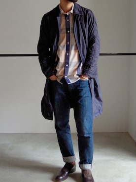「RAINMAKER（レインメーカー）のアイテム（ステンカラーコート）」を使った、濱ノ上さん（メンズ・181cm）の冬コーディネート