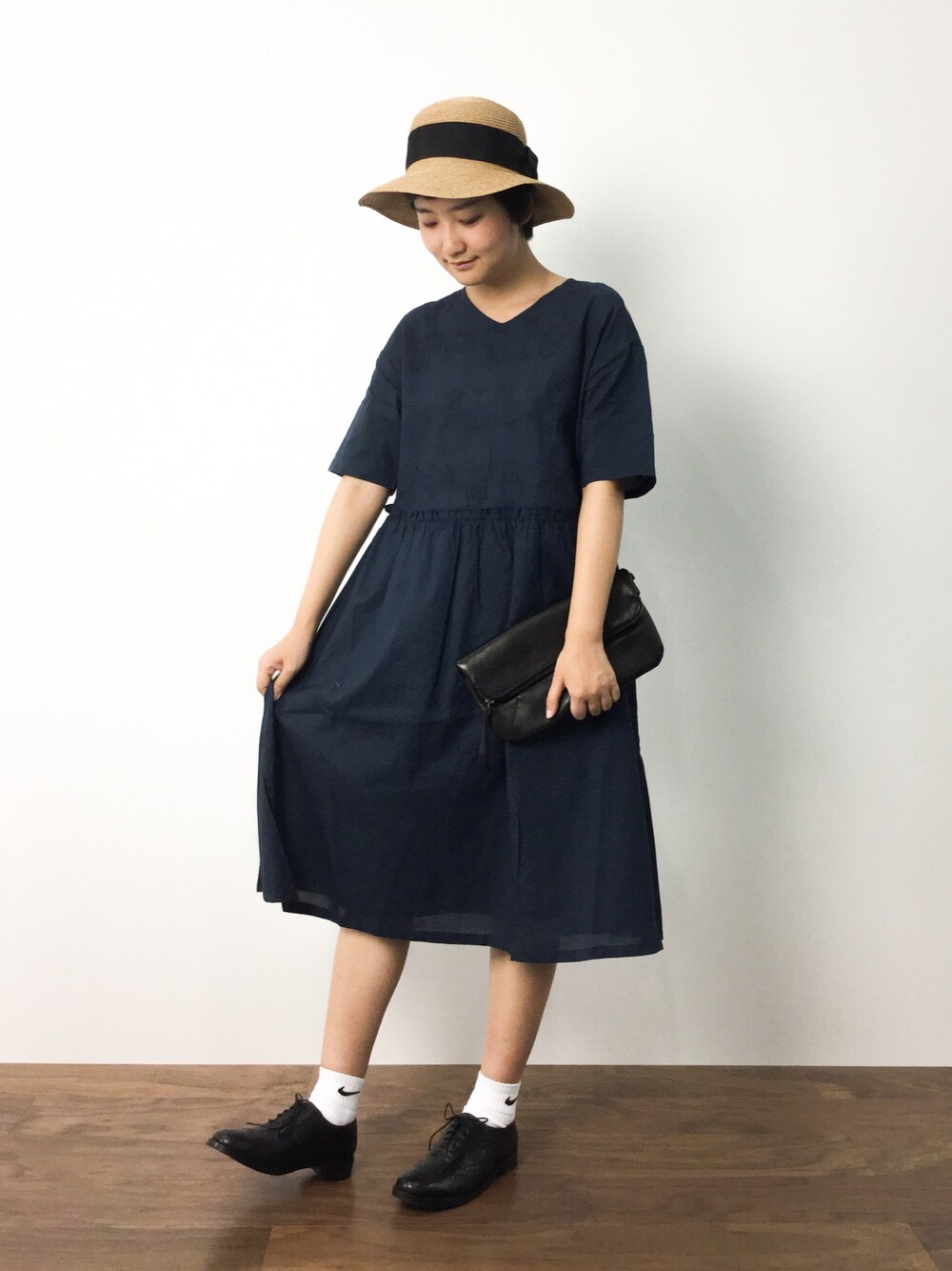 「ワンピース、クラッチバッグ、ハット、レースアップシューズ、ZOZO夏セール2015」｜「ODETTE E ODILEのO コンパクトRBN HAT（ハット、ブラック系）」を使った、ゆえんさん（レディース・162cm）の夏コーディネートの1枚目の写真