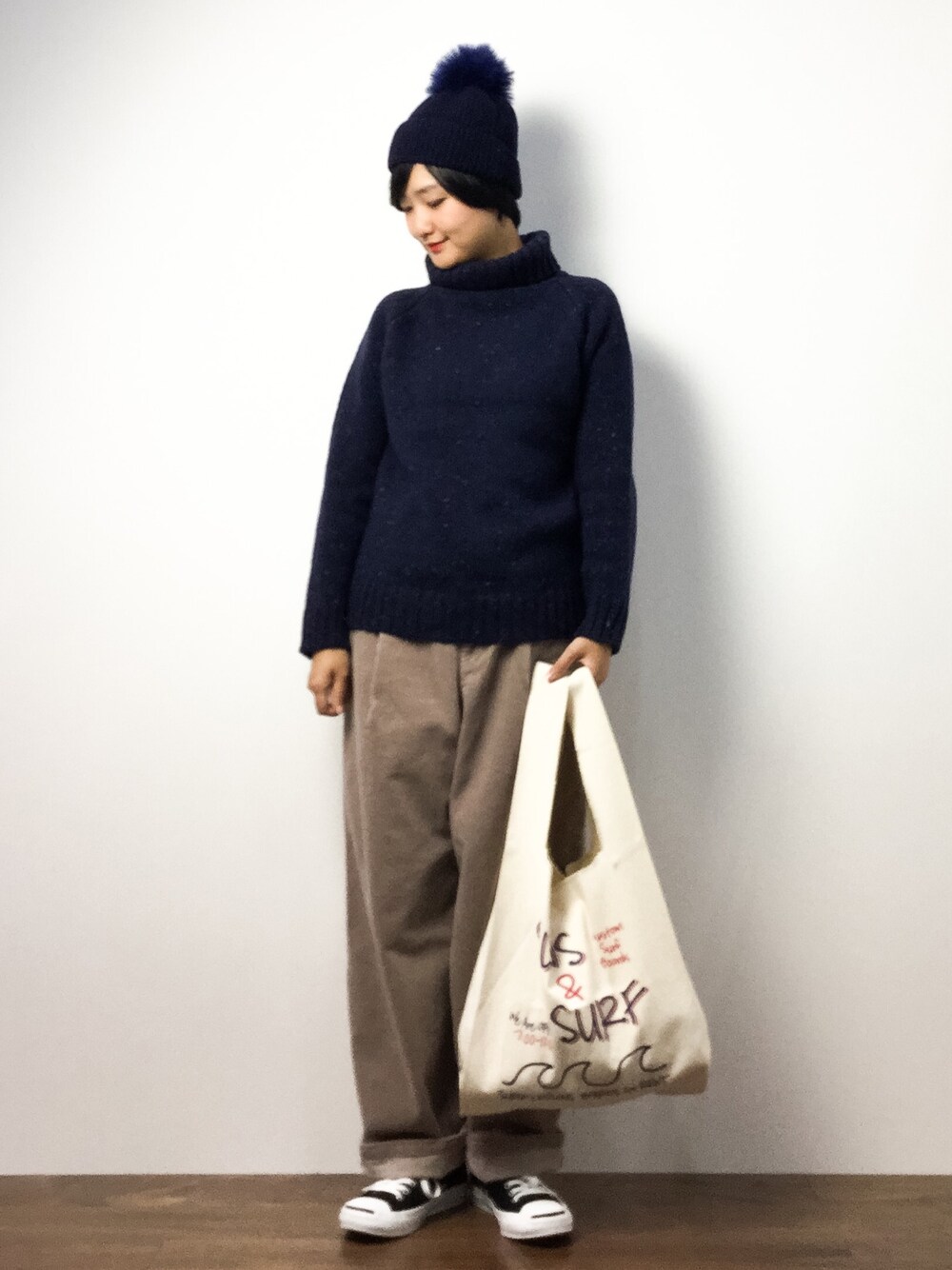 「CHILD WOMANのネップ3GG　オフタートルネック　プルオーバー（ニット/セーター、ブルー系）」を使った、ゆえんさん（レディース・162cm）の冬コーディネートの1枚目の写真