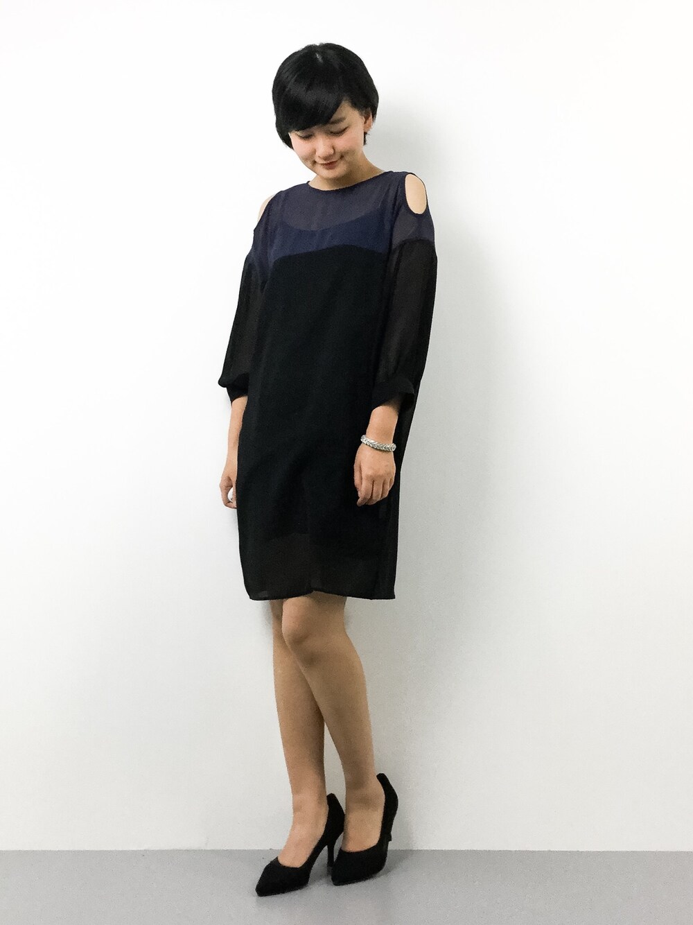 「I am I in fact...のシフォンジョーゼット　　ショルダーホールドレス（ワンピース、ブラック系）」を使った、ゆえんさん（レディース・162cm）の春コーディネートの1枚目の写真
