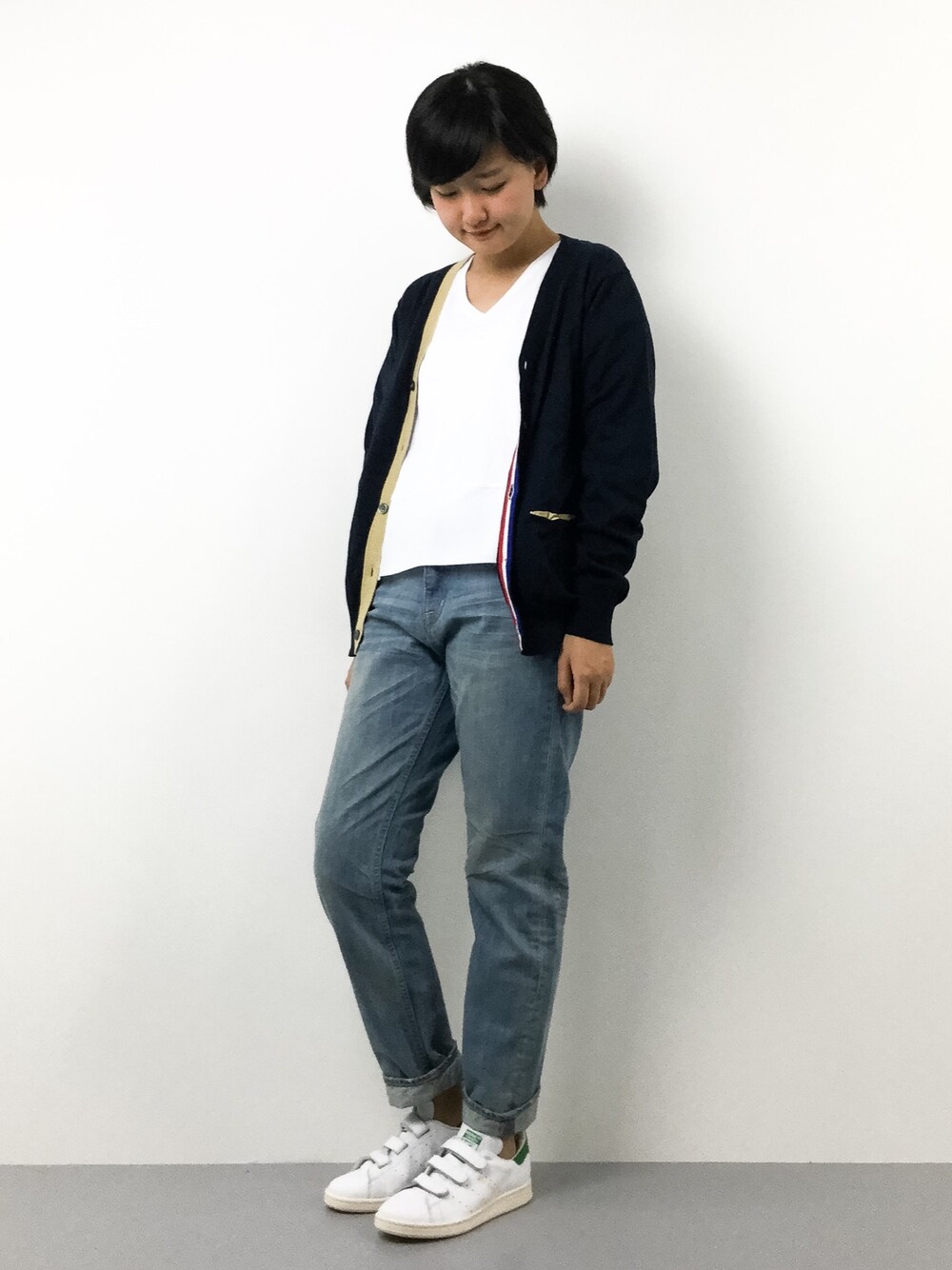 「FRAPBOISのシーソートリコ（カーディガン/ボレロ、ブルー系）」を使った、ゆえんさん（レディース・162cm）の春コーディネートの1枚目の写真