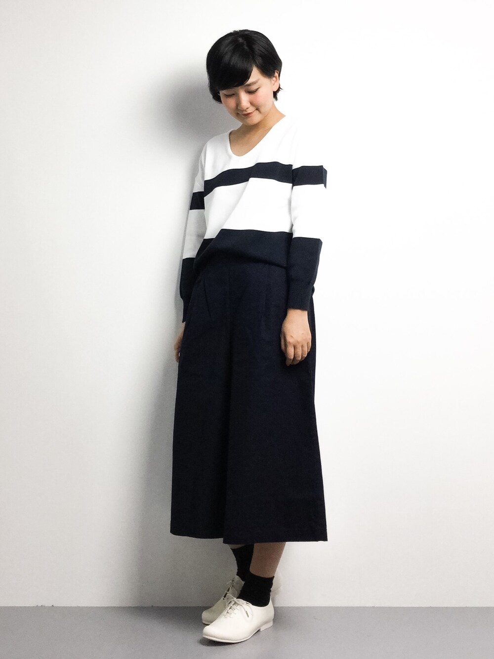 「COLLAGE GALLARDAGALANTEのミラノリブボーダーニット（ニット/セーター、ブラック系）」を使った、ゆえんさん（レディース・162cm）の春コーディネートの1枚目の写真