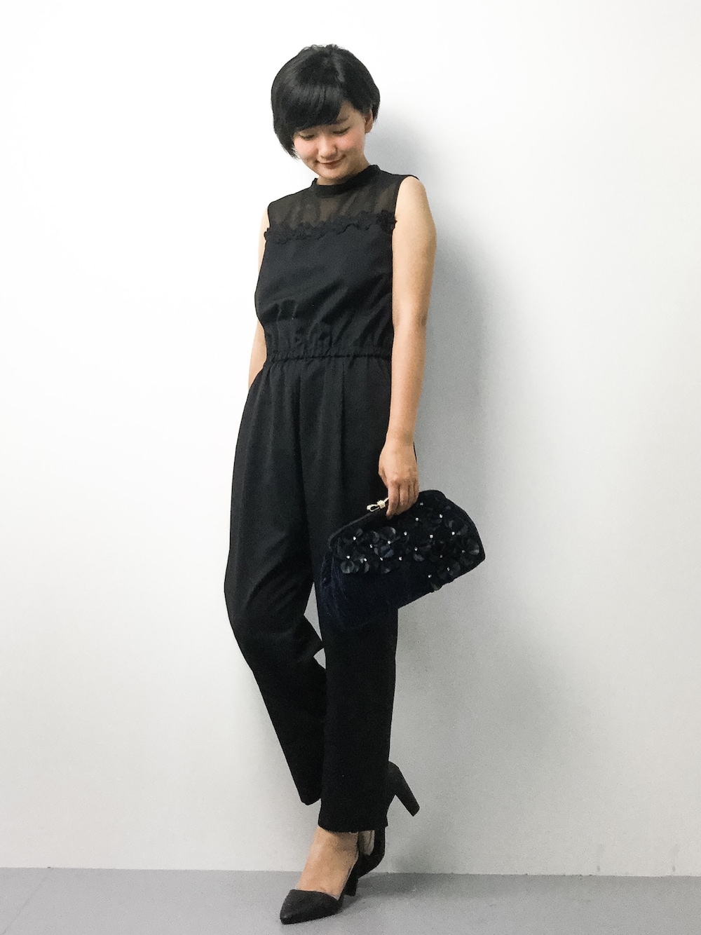 「My Fav. CHILD WOMANのT/Wｷﾞｬﾊﾞ          花ﾚｰｽ付きｵｰﾙｲﾝﾜﾝ（つなぎ/オールインワン、ブラック系）」を使った、ゆえんさん（レディース・162cm）の春コーディネートの1枚目の写真