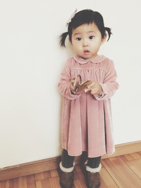 「Bonpoint（ボンポワン）のアイテム（ワンピース、ピンク系）」を使った、Annie0522さん（キッズ・90cm）の冬コーディネート