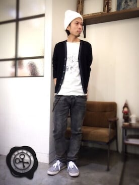 「GU（ジーユー）のアイテム（ニットキャップ/ビーニー）」を使った、別宮聖一 ( ベックセイイチ )さん（メンズ・169cm）の冬コーディネート