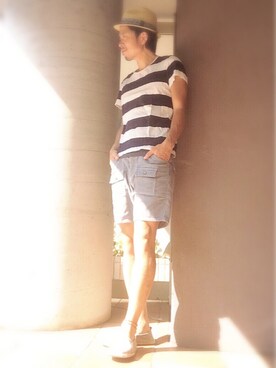 「アイテム（その他シューズ、グレー系）」を使った、別宮聖一 ( ベックセイイチ )さん（メンズ・169cm）の夏コーディネート