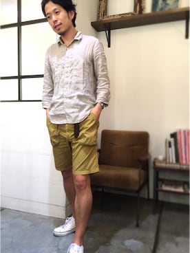 「アイテム（パンツ、イエロー系）」を使った、別宮聖一 ( ベックセイイチ )さん（メンズ・169cm）の秋コーディネート