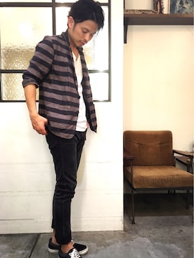 「アイテム（テーラードジャケット、パープル系）」を使った、別宮聖一 ( ベックセイイチ )さん（メンズ・169cm）の秋コーディネート