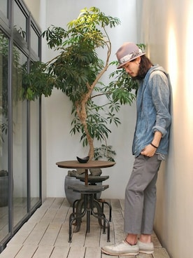 「OURET（オーレット）のアイテム（帽子）」を使った、OURETさん（メンズ・175cm）の夏コーディネート