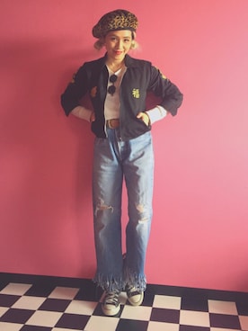 「フリンジデニム」｜「アイテム（ハンチング/ベレー帽）」を使った、machiさん（レディース・156cm）の春コーディネート