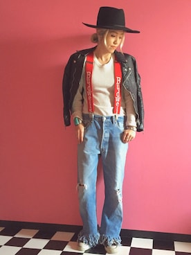「フリンジデニム」｜「アイテム（ライダースジャケット）」を使った、machiさん（レディース・156cm）の春コーディネート