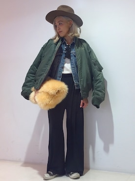「ムートン」｜「アイテム（デニムジャケット）」を使った、machiさん（レディース・156cm）の秋コーディネート