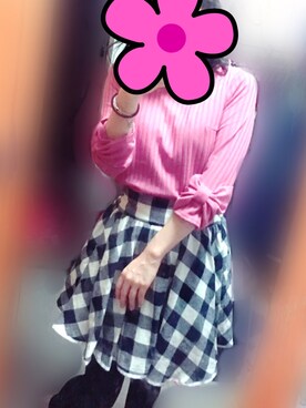 「tocco（トッコ）の七分袖！袖がリボンでかわいい🎀首元は鎖骨より上まで（Tシャツ/カットソー、ピンク系）」を使った、りぽんさん（レディース）の秋コーディネート