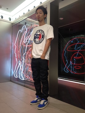 「AAPE BY A BATHING APE（エーエイプバイアベイシングエイプ）のAAPE PRT TE（Tシャツ/カットソー、ホワイト系）」を使った、早坂 祥平さん（メンズ・175cm）の夏コーディネート
