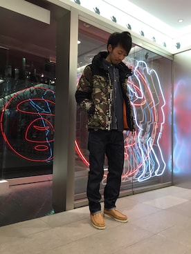 「AAPE BY A BATHING APE（エーエイプバイアベイシングエイプ）のAAPE PATCH SOLID ST（シャツ/ブラウス、ブルー系）」を使った、早坂 祥平さん（メンズ・175cm）の冬コーディネート