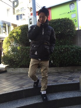 「AAPE BY A BATHING APE（エーエイプバイアベイシングエイプ）のアイテム（ジャケット/アウター）」を使った、早坂 祥平さん（メンズ・175cm）の冬コーディネート