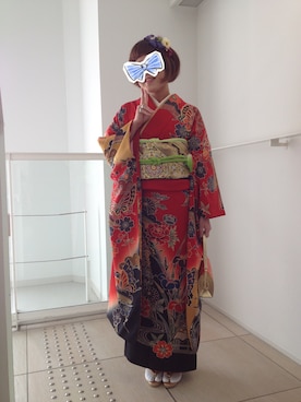 「アイテム（水着/着物・浴衣、レッド系）」を使った、ｶﾉﾝ*さん（レディース・157cm）の冬コーディネート