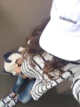 「Ungrid（アングリッド）のフレイドヘムストスリ（デニムパンツ）」を使った、長谷千沙さん（レディース・158cm）の春コーディネート