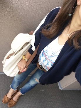 「Ungrid（アングリッド）のフレイドヘムストスリ（デニムパンツ）」を使った、長谷千沙さん（レディース・158cm）の秋コーディネート