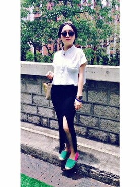 「アイテム（モカシン/デッキシューズ、グリーン系）」を使った、kaheibさん（レディース・162cm）の秋コーディネート