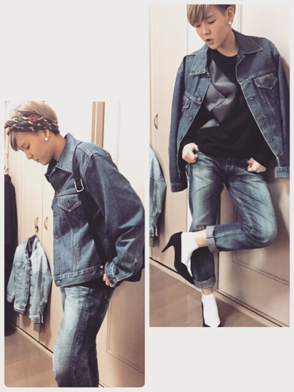 「Levi's、デニムオンデニム、denim、coordinate、ootd、ZARA MAN、金髪、SLY、vintage、ヒール×靴下」｜「SLYのJANIS LEOPARD SCARF（バンダナ/スカーフ、イエロー系）」を使った、hitomi sekiyaさん（レディース・169cm）の春コーディネートの1枚目の写真