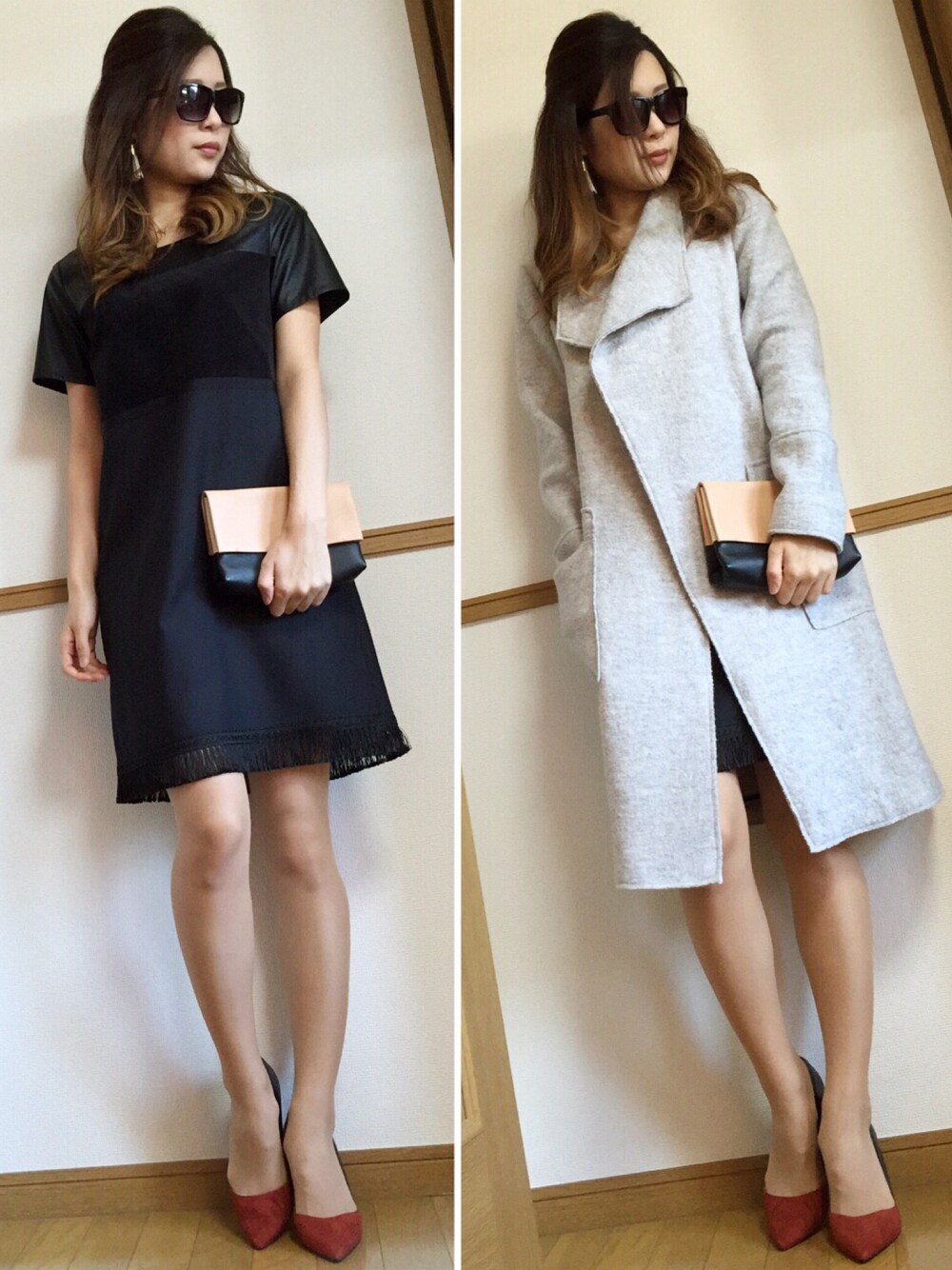 その他のパンプス、ブラック系のワンピース、グレー系のジャケット/アウターを着用したレディースの秋コーディネートの1枚目の写真