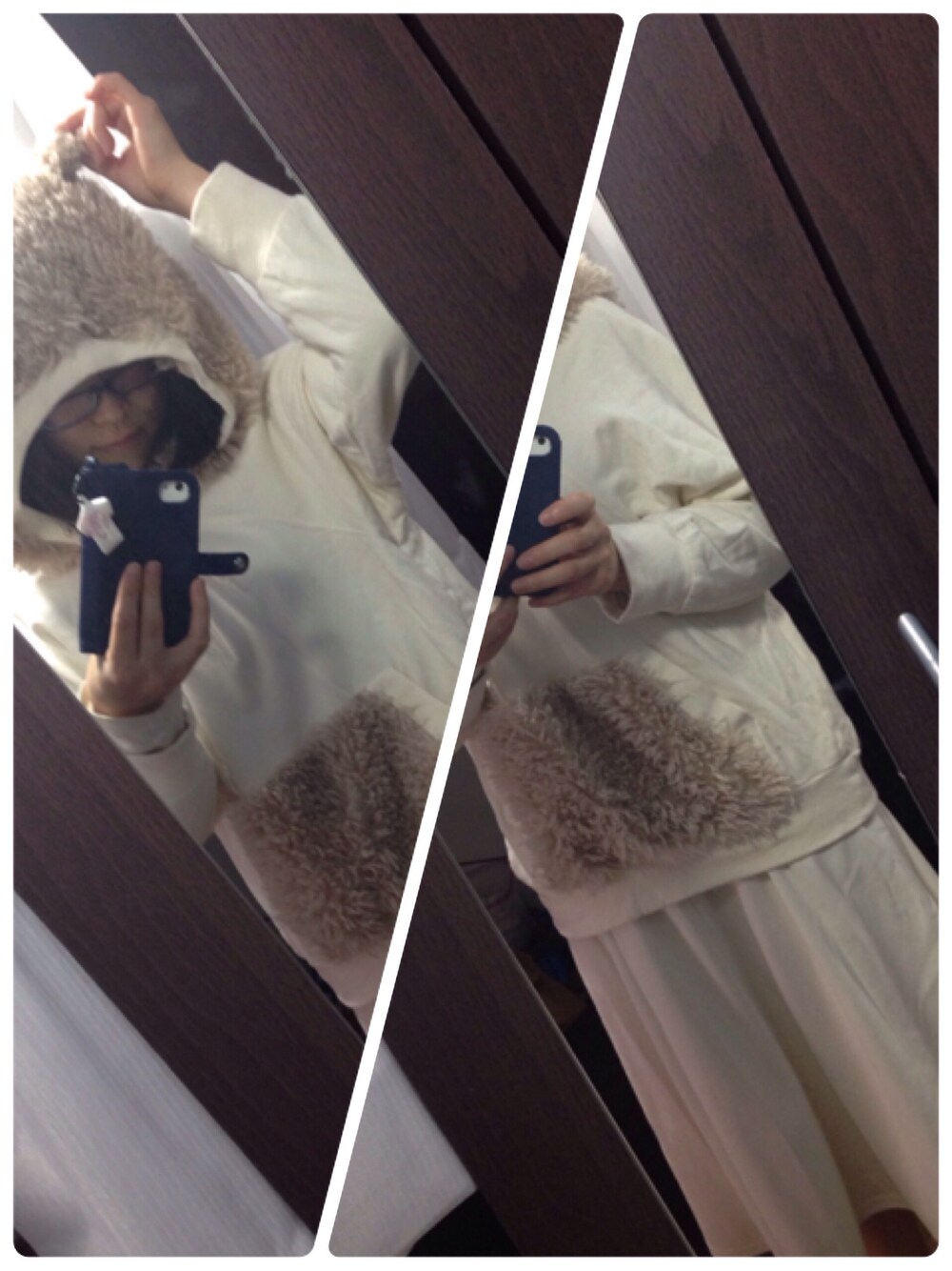 「jevous enprie!のJ：モケウラケ（パーカー、ホワイト系）」を使った、まりなさん（レディース・151cm）の冬コーディネートの1枚目の写真