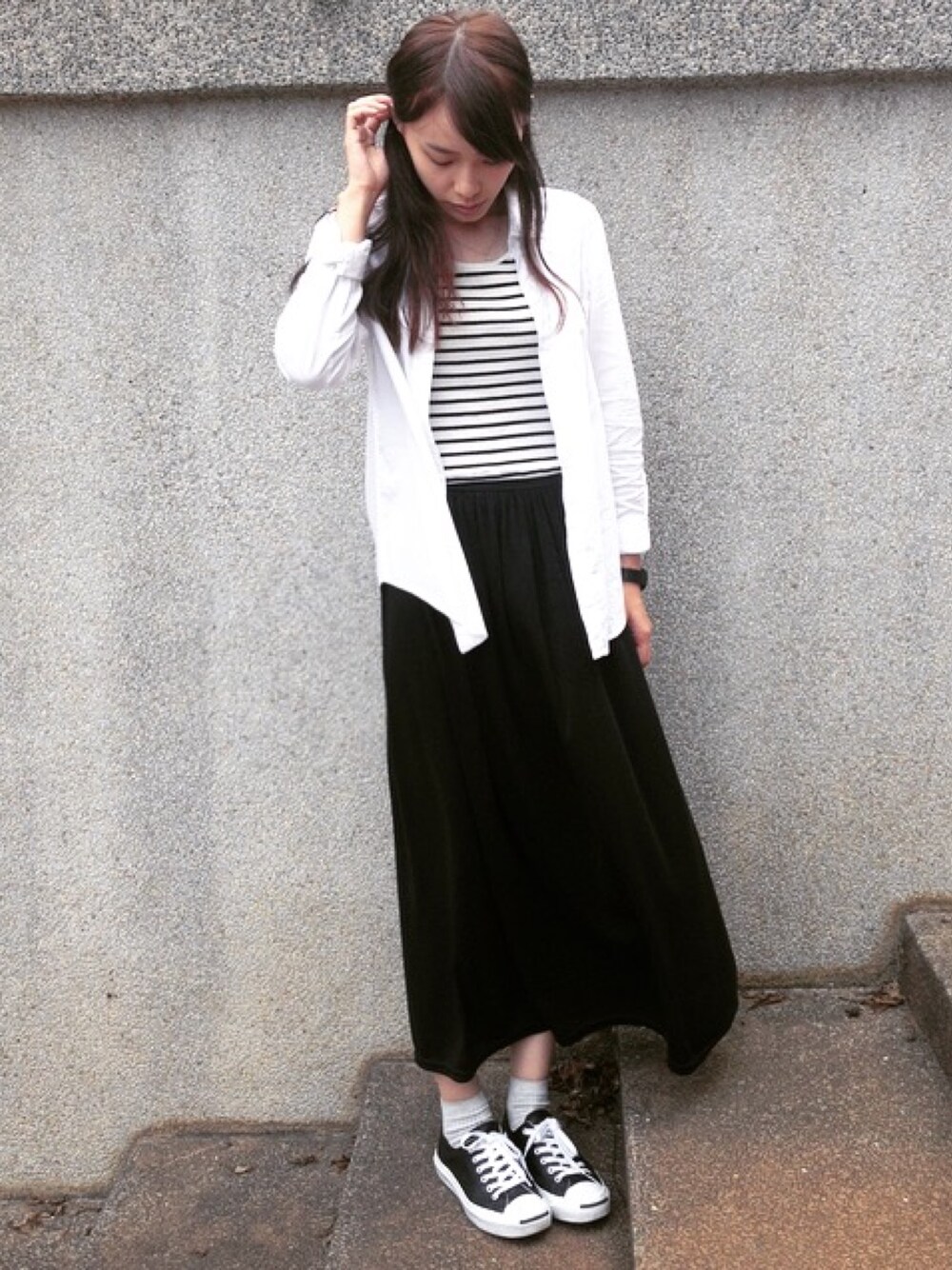 「CONVERSEのCONVERSE / JACK PURCELL × HORWEEN CHROMEXCEL LEATHER OX（スニーカー、ブラック系）」を使った、Swan Duさん（レディース・166cm）の秋コーディネートの1枚目の写真