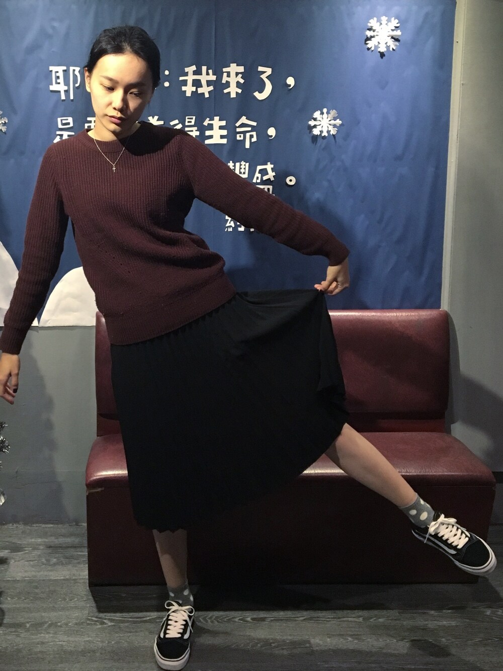 「GUの（GU）ミニハイネックセーター（長袖）（トップス、レッド系）」を使った、Swan Duさん（レディース・166cm）の冬コーディネートの1枚目の写真