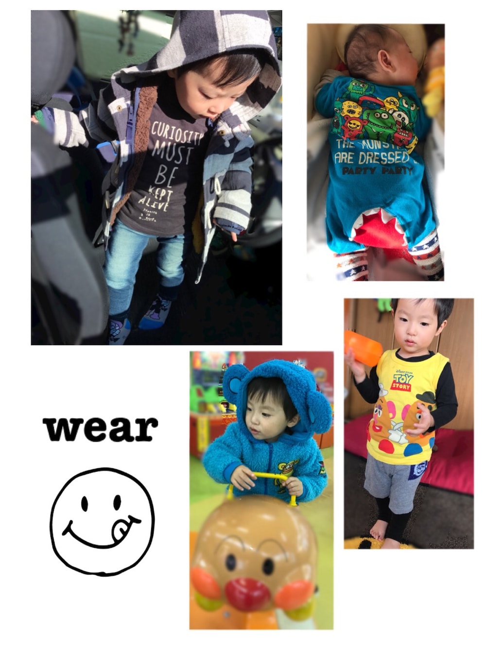 グレー系のダウンジャケット/コート、ブラック系のTシャツ/カットソー、ブルー系のデニムパンツを着用したキッズの秋コーディネートの1枚目の写真