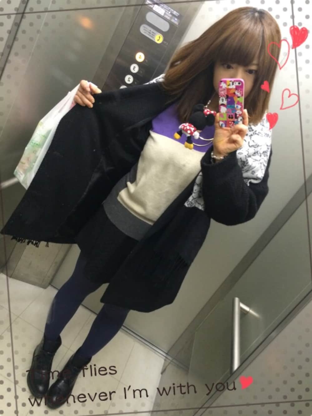 「紫、チェスターコート、色タイツ、ネックレス、お気に入り、冬、ジーナシス」｜「JEANASISのアイテム（ニット/セーター、パープル系）」を使った、ゆふふさん（レディース・164cm）の冬コーディネートの1枚目の写真
