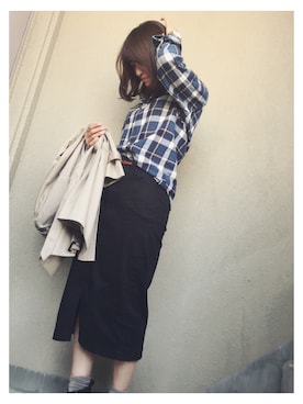 「niko and...（ニコアンド）のCブロークンタイトミモレスカート【niko and...】（スカート、ブラック系）」を使った、shishi.さん（レディース・155cm）の秋コーディネート