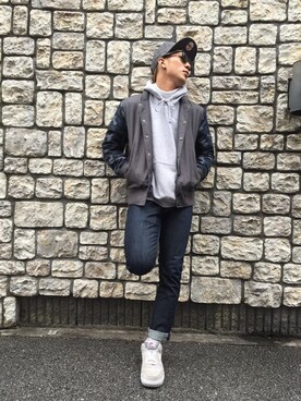 「プルオーバーパーカー」｜「アイテム（スタジャン）」を使った、カイトさん（メンズ・177cm）の冬コーディネート