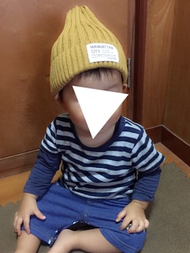 「しまむら（シマムラ）のアイテム（ニットキャップ/ビーニー、イエロー系）」を使った、minato*さん（キッズ・80cm）の秋コーディネート