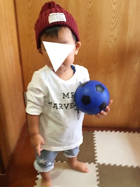 「しまむら（シマムラ）のアイテム（ニットキャップ/ビーニー、レッド系）」を使った、minato*さん（キッズ・80cm）の秋コーディネート