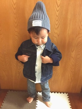 「しまむら（シマムラ）のアイテム（ニットキャップ/ビーニー、グレー系）」を使った、minato*さん（キッズ・80cm）の秋コーディネート