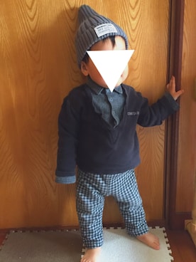 「しまむら（シマムラ）のアイテム（ニットキャップ/ビーニー、グレー系）」を使った、minato*さん（キッズ・80cm）の秋コーディネート