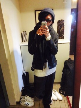 「Acne Studios（アクネストゥディオズ）のアイテム（ライダースジャケット）」を使った、meloさん（メンズ・174cm）の冬コーディネート