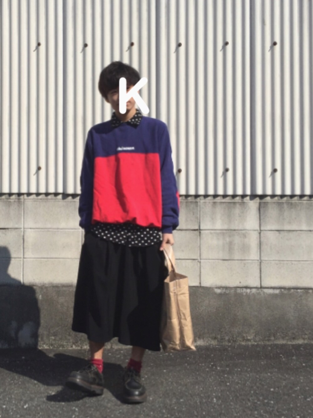 「WEAR始めました！、春、ブラック、men、menswear、COMME des GARCONS、mikihouse、WEGO、GU」｜「MIKI HOUSEのアイテム（トップス、レッド系）」を使った、kAitOさん（メンズ・160cm）の春コーディネートの1枚目の写真