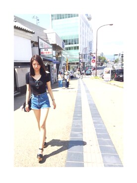 「American Apparel（アメリカンアパレル）のアイテム（Tシャツ/カットソー、ブラック系）」を使った、みずきさん（レディース）の夏コーディネート